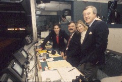 In December of 1987 in the broadcast booth: (l to r): Roy Firestone, Larry Csonka, Rosa Gatti and Mike Patrick.